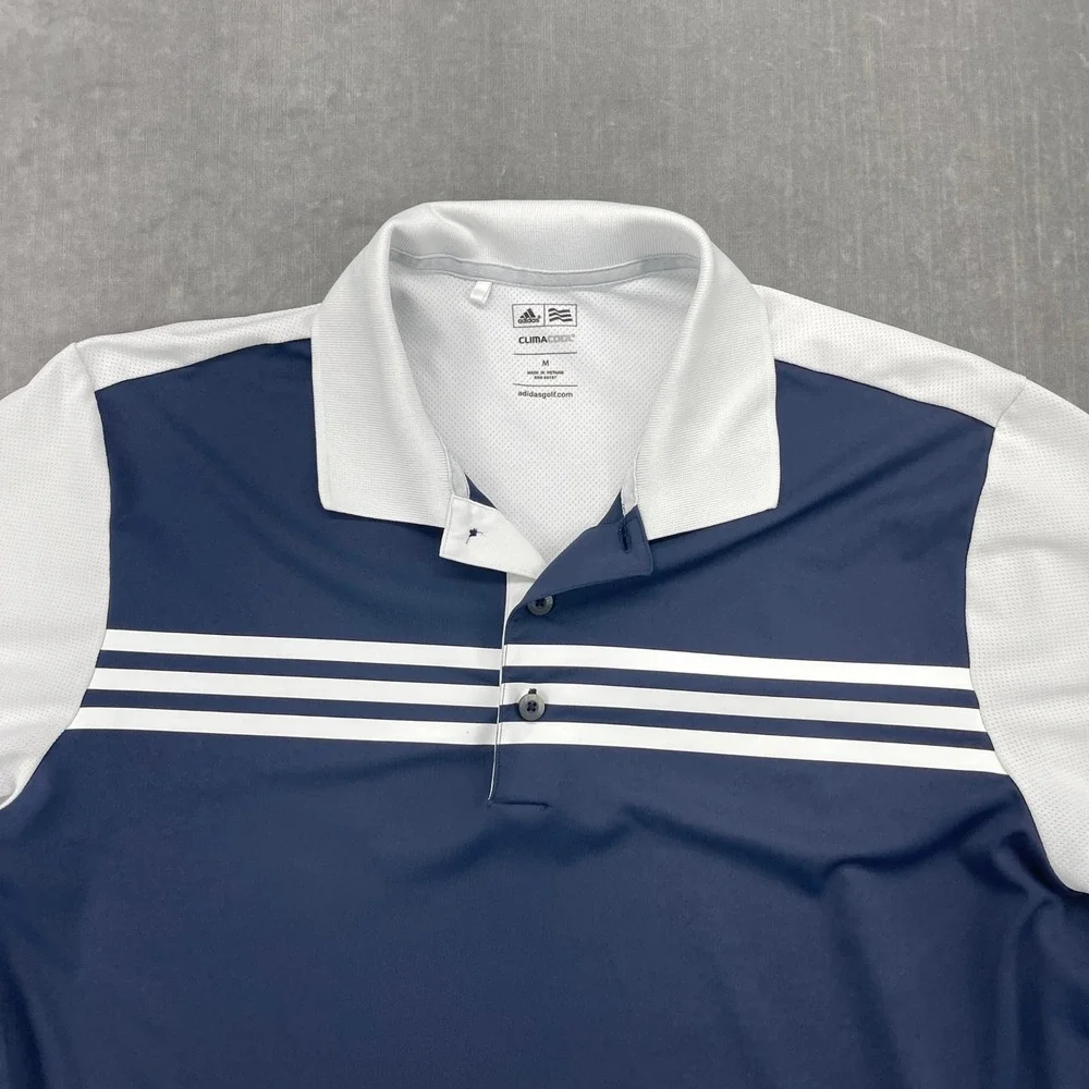Adidas‎ Mens Medium Navy White Polo Shirt ClimaCool Champions Golf Club Striped